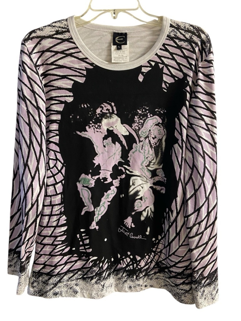 Roberto Cavalli Just Cavalli Lilac and Black Graphic Long Sleeve Tee Large